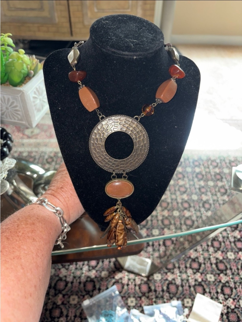 Boho Chic Large Circle Pendant Necklace in Amber Brown